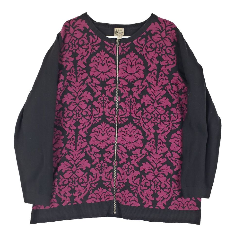 Como Vintage Sweater Womens 3X Black Floral Long Sleeve Full Zip